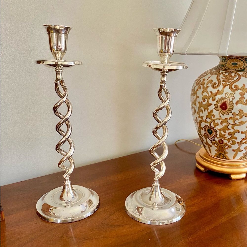 2 Silver Open Spiral Candlesticks - 12 “. Heavy weighted pair. Barley twist. A+